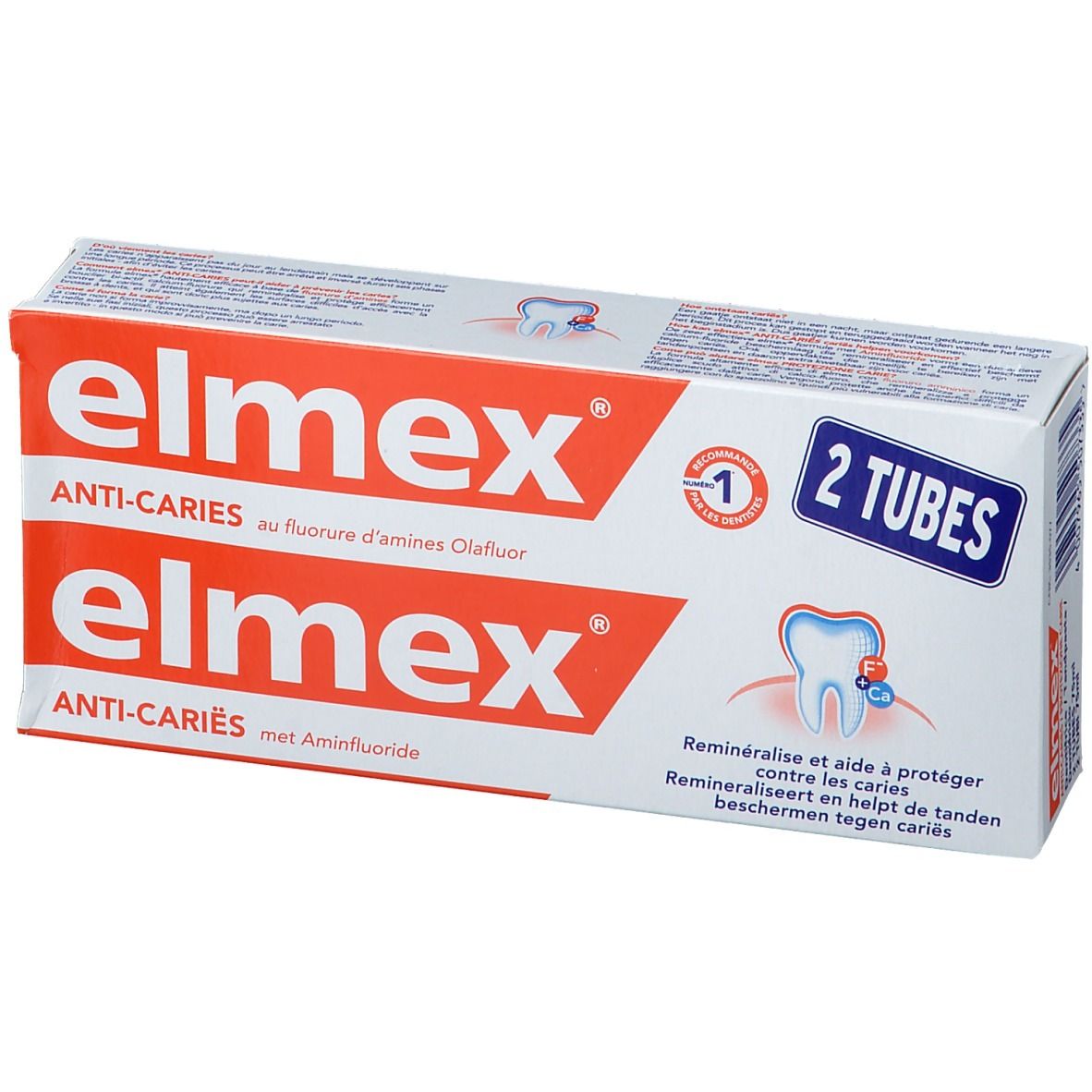 Boîte avec deux tubes de dentifrice elmex® Anti-Cariës. Design rouge et blanc avec nom et logo du produit.
