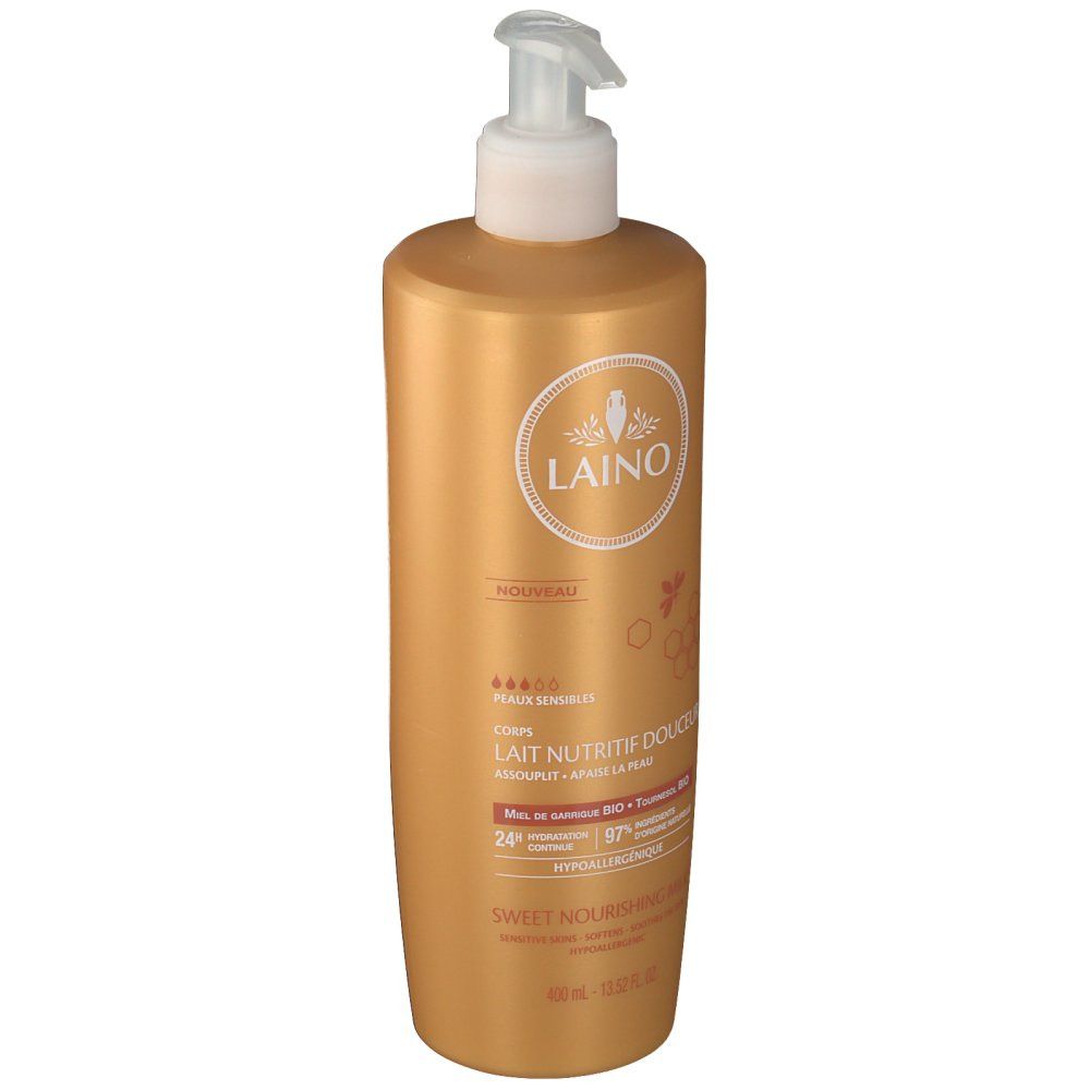 Flacon doré avec pompe. Logo LAINO et nom du produit. Texte: Lait nutritif douceur. 400 ml.