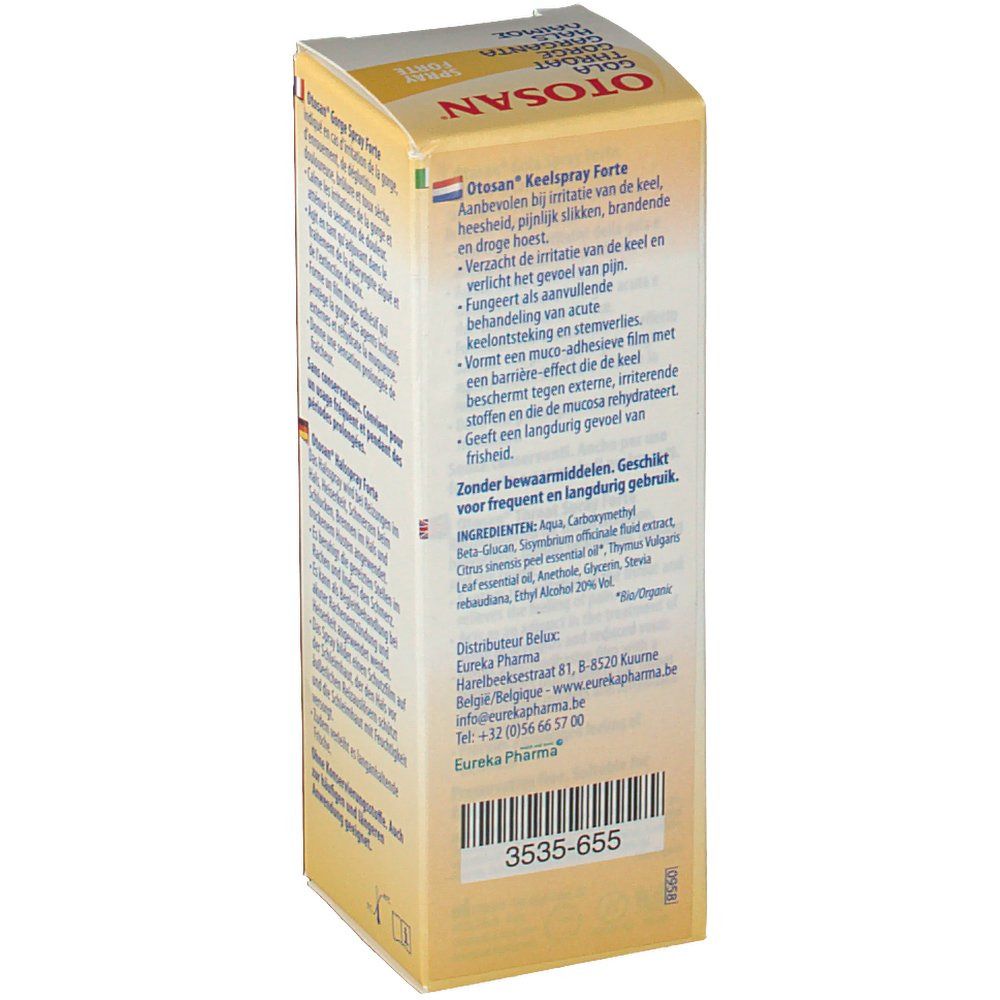 Karton mit Produktinformationen. Oben links: Logo und Produktname. Seitlich: Text in Niederländisch. Unten: Barcode und Herstellerinformationen.