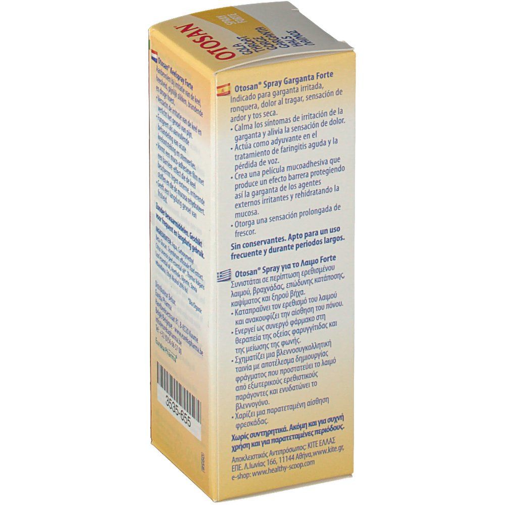 Karton mit Produktinformationen. Oben links: Logo und Produktname. Seitlich: Text in Spanisch. Unten: Barcode und Herstellerinformationen.
