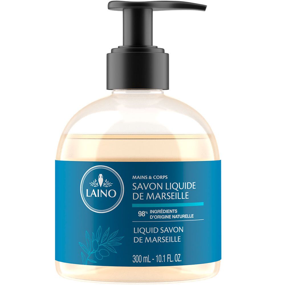 Flacon transparent avec pompe noire. Étiquette bleue avec logo et texte: Savon Liquide de Marseille. 300 ml.