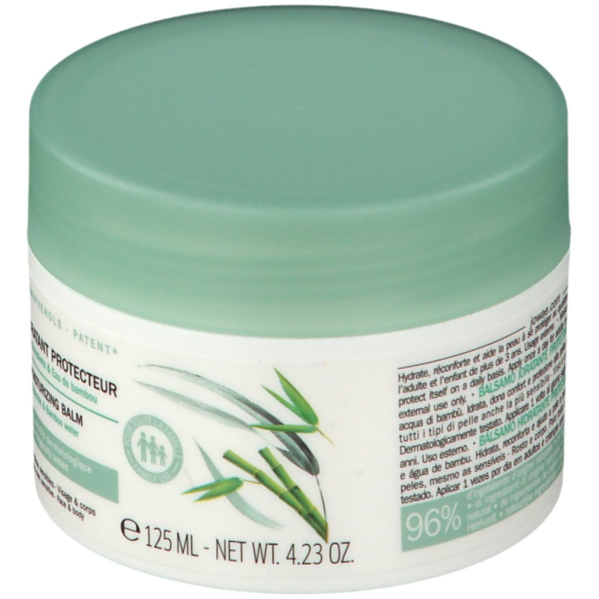 Pot de crème avec couvercle vert. Inscription : Baume hydratant protecteur, Protective moisturizing balm. Logo : Jowaé. 125 ml.