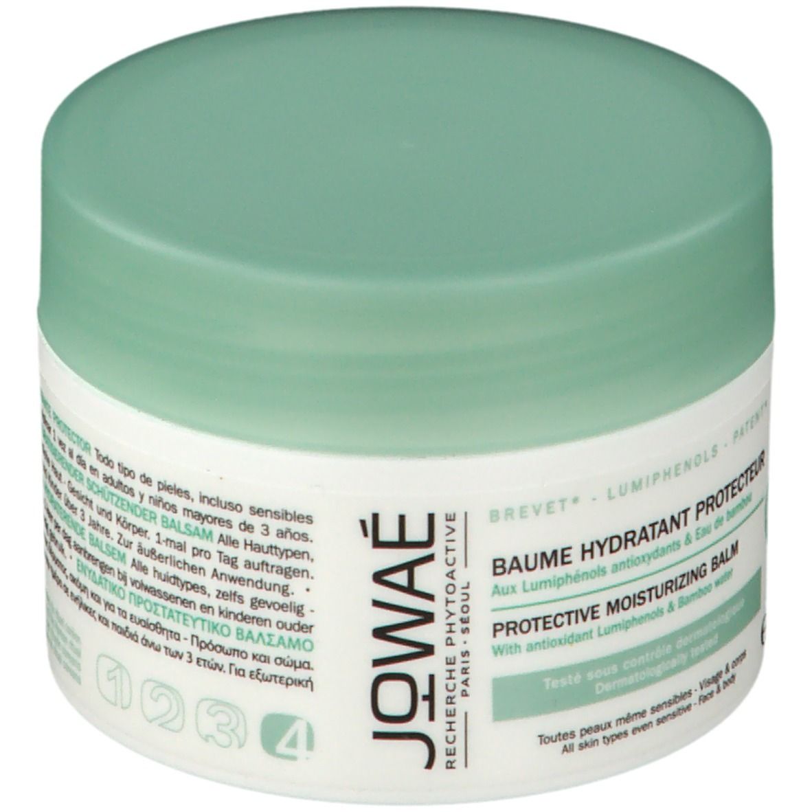 Pot de crème avec couvercle vert. Inscription : Baume hydratant protecteur, Protective moisturizing balm. Logo : Jowaé. 125 ml.