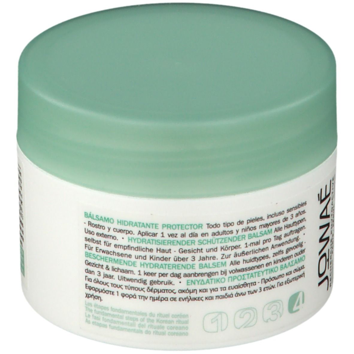 Pot de crème avec couvercle vert. Dos avec texte. Inscription : Baume hydratant protecteur. Logo : Jowaé.