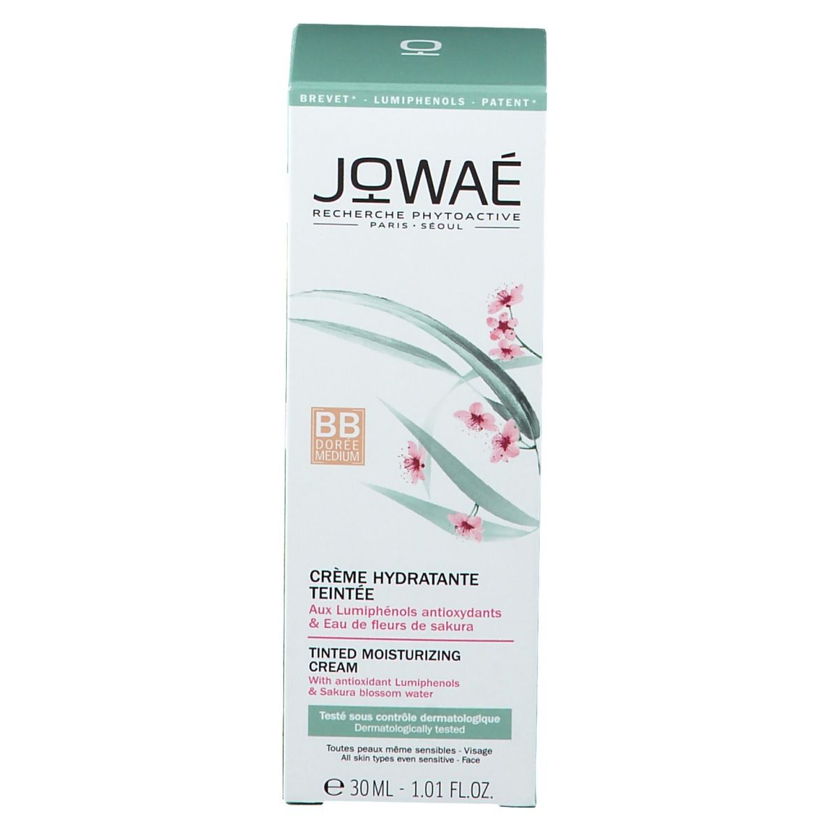 Jowaé Golden Tinted Feuchtigkeitscreme Verpackung. Schachtel mit Schriftzug. BB Creme. Rosa Blüten. 30 ml.