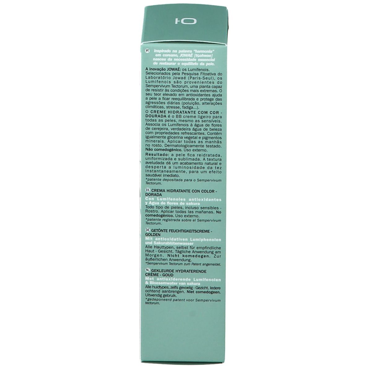 Rückseite der Jowaé Golden Tinted Feuchtigkeitscreme Verpackung. Text in mehreren Sprachen. 30 ml. Grün.