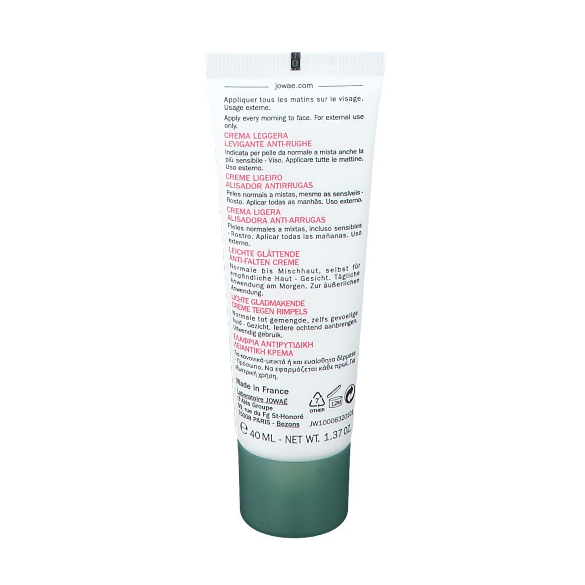 Rückseite der Jowaé Creme-Tube. Mehrsprachiger Text. Enthält Informationen zur Anwendung und Inhaltsstoffe.