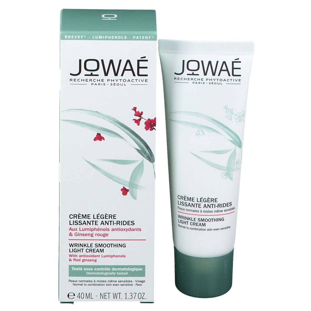 Jowaé Creme-Packung und Tube. Creme-Tube neben der Verpackung. Text in Französisch und Englisch. Mit Logo.