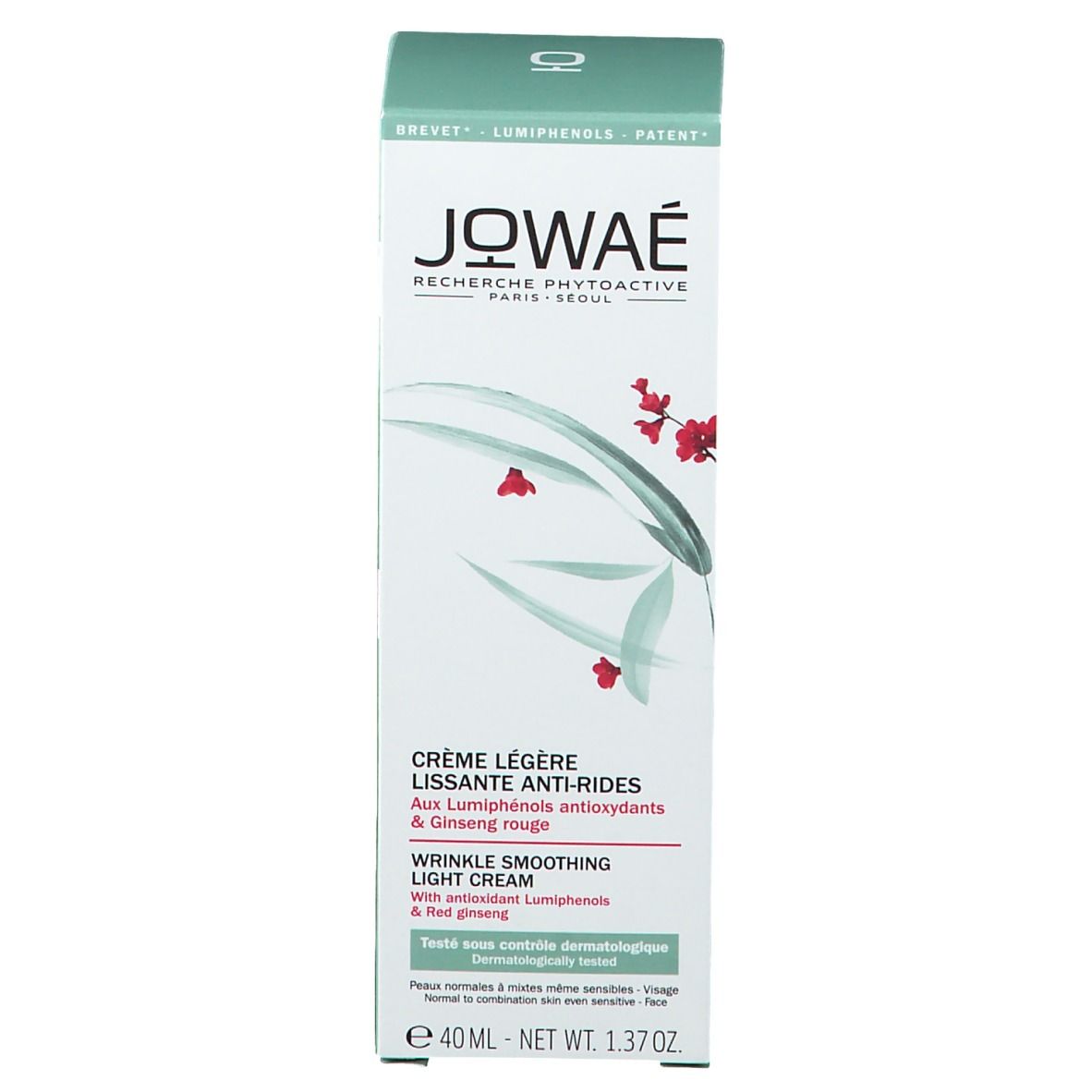 Jowaé Creme-Verpackung. Weiß-grüne Verpackung mit Produktnamen und Logo. Text in Französisch und Englisch.