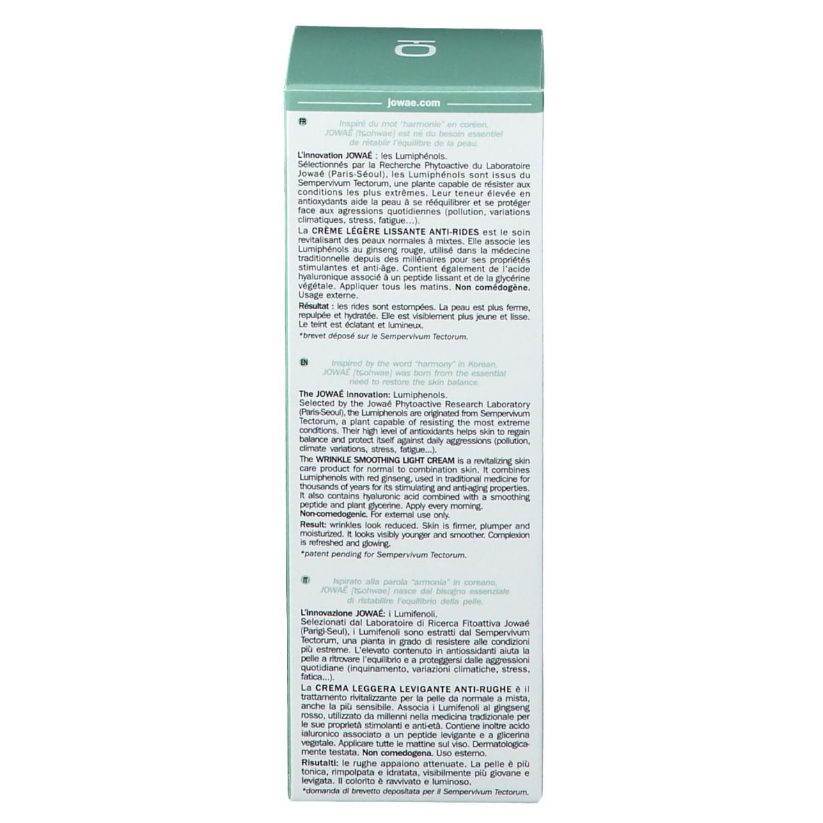Seite der Jowaé Creme-Verpackung. Mehrsprachiger Text. Produktbeschreibung und Informationen zur Marke.