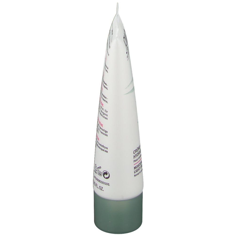 Creme-Tube, Seitenansicht. Weiß mit grüner Kappe. Text: Crème Légère Hydratante, Moisturizing Light Cream, Inhaltsstoffe.