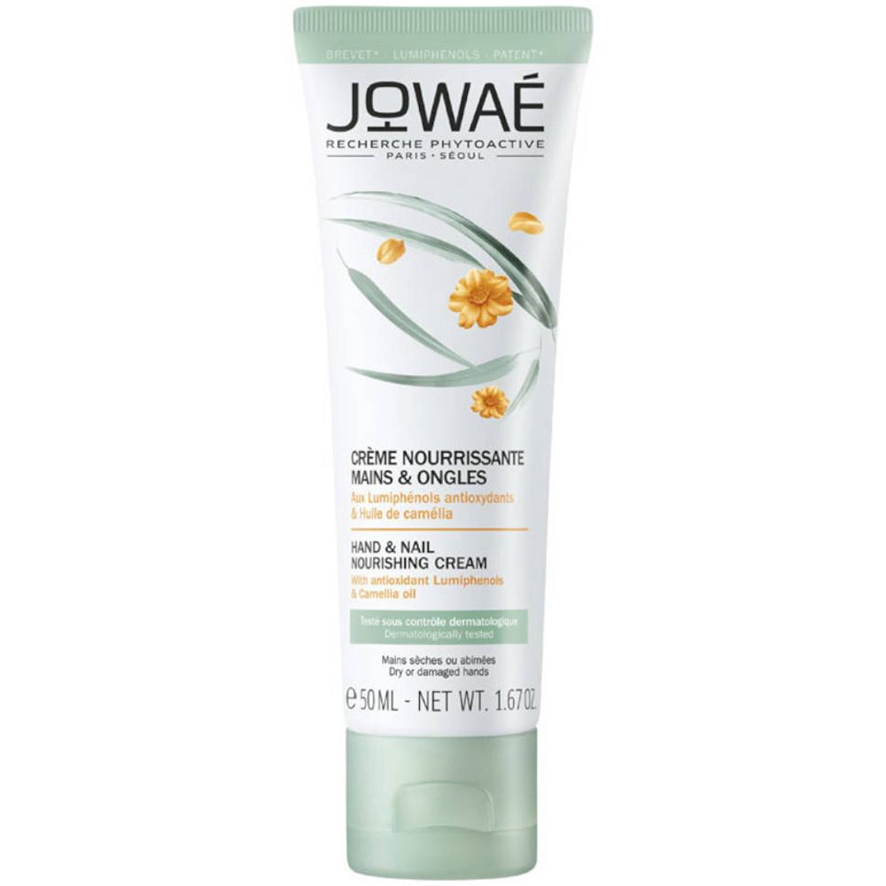 Tube de crème JOWAE. Crème Mains & Ongles. Logo JOWAE. Ingrédients. 50ml. Vert et blanc.