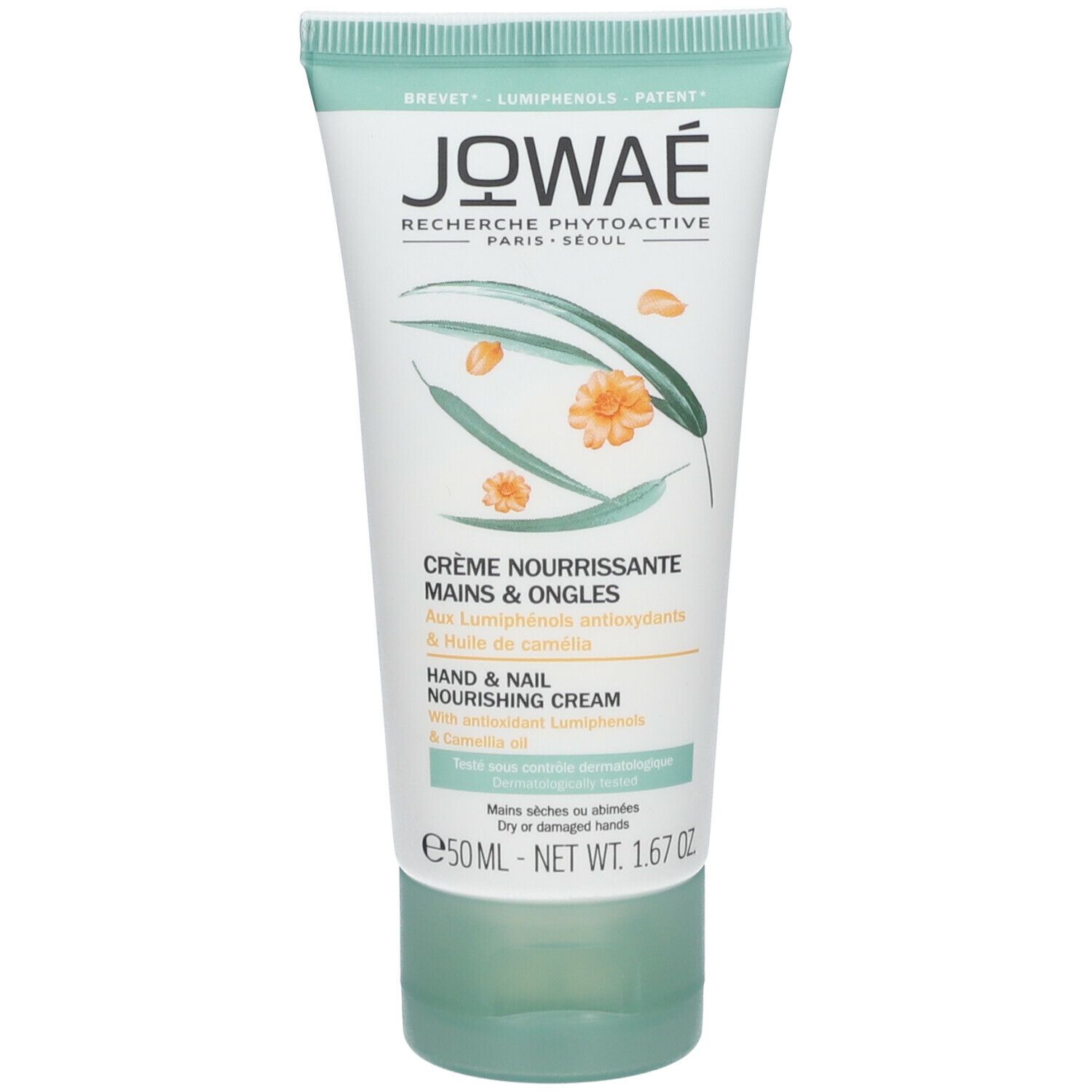 Tube de crème JOWAE. Crème Mains & Ongles. Logo JOWAE. 50ml. Vert et blanc.