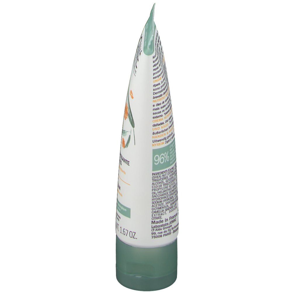 Vue latérale du tube de crème. Texte. Ingrédients. 96% d'ingrédients d'origine naturelle. Vert et blanc.