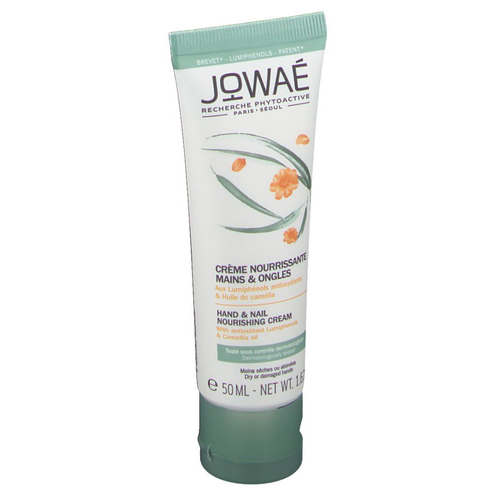 Tube de crème JOWAE. Crème Mains & Ongles. Logo JOWAE. 50ml. Vert et blanc.