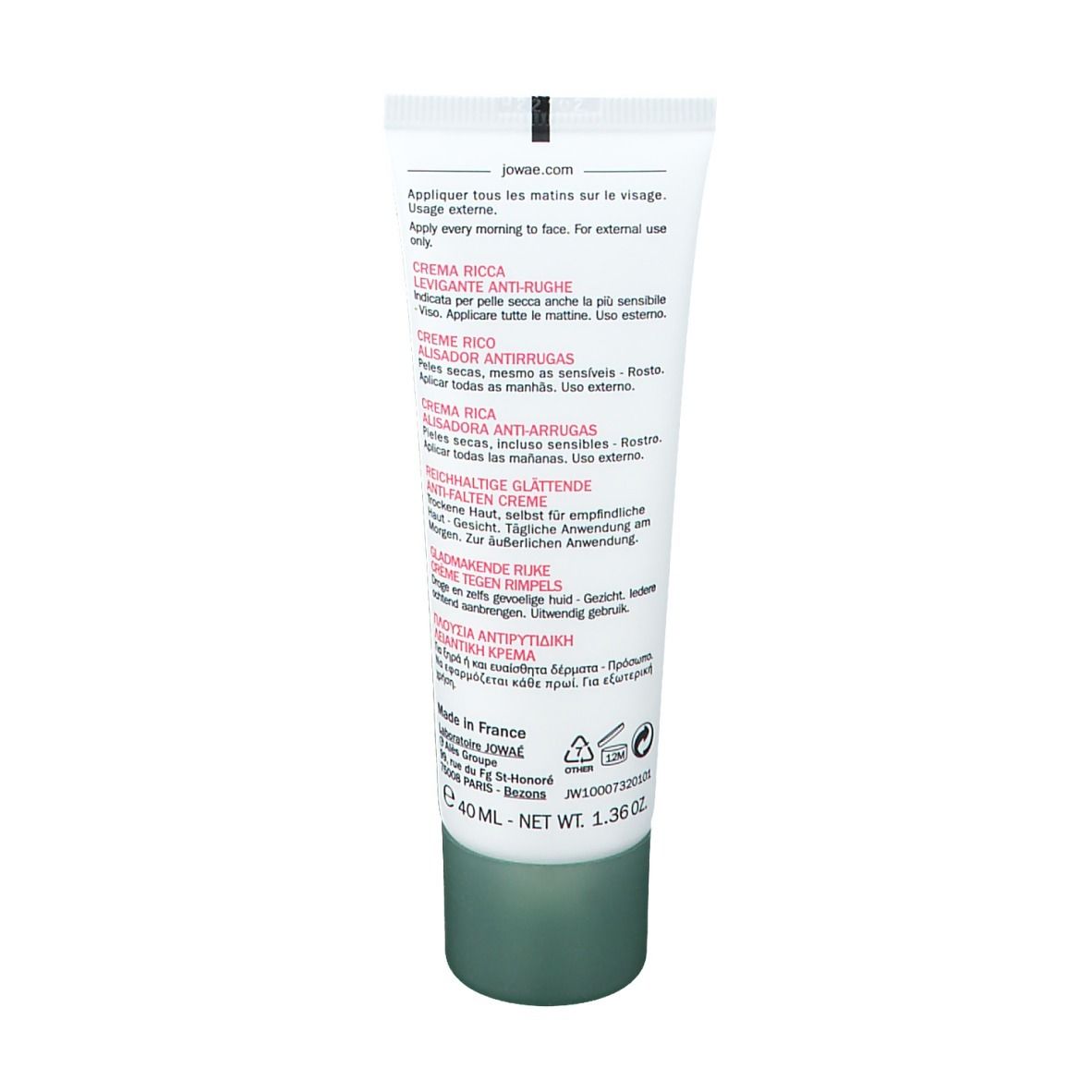 Rückseite der Creme-Tube. Mehrsprachige Produktinformationen. Grüner Deckel. Aufschrift: Jowaé. Nettoinhalt: 40 ml.