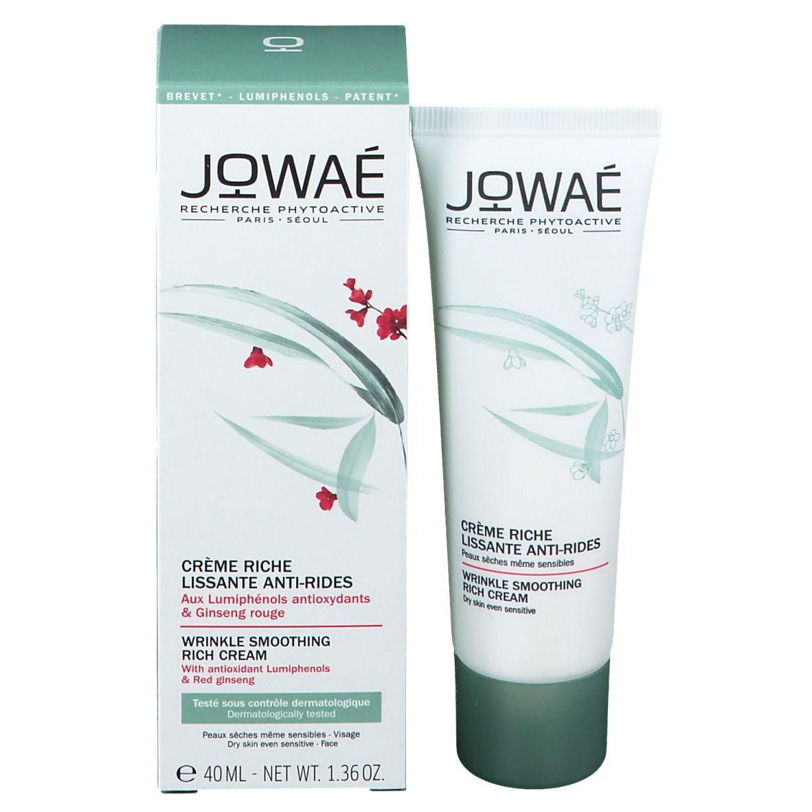 Produktverpackung mit Tube. Aufschrift: Jowaé, Crème Riche Lissante Anti-Rides. Mit Antioxidantien und rotem Ginseng. 40 ml.