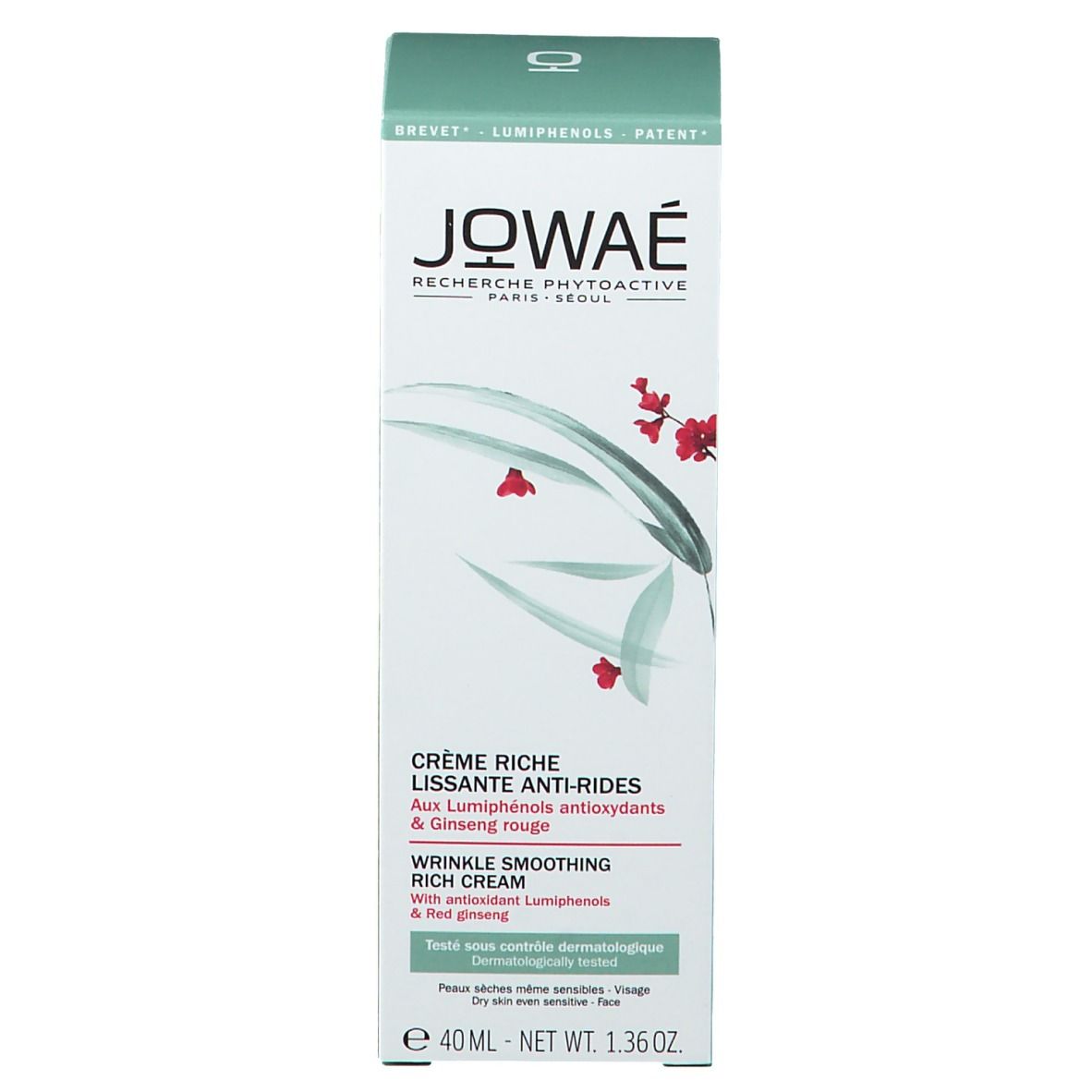 Produktverpackung. Aufschrift: Jowaé, Crème Riche Lissante Anti-Rides. Mit Antioxidantien und rotem Ginseng. 40 ml.
