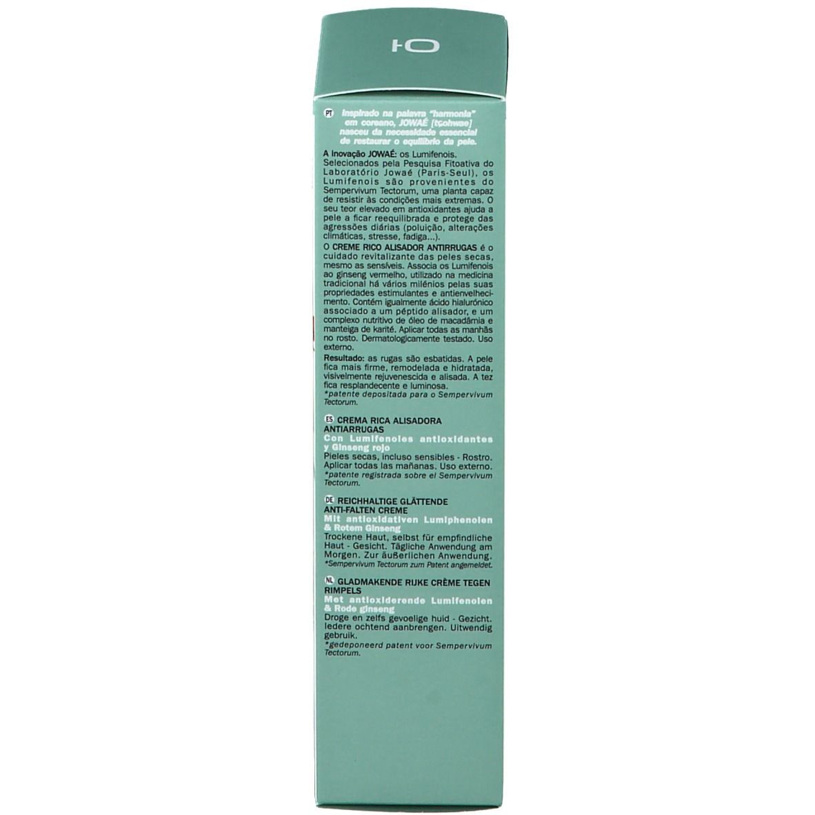 Rückseite der Produktverpackung. Mehrsprachige Produktinformationen. Aufschrift: Jowaé. 40 ml. Dermatologisch getestet.