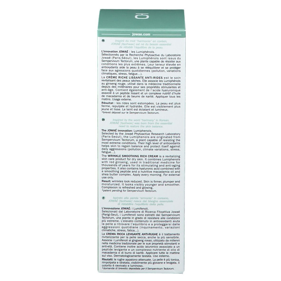Produktverpackung, Innenseite. Mehrsprachige Produktinformationen. Aufschrift: Jowaé. Beschreibung der Inhaltsstoffe.
