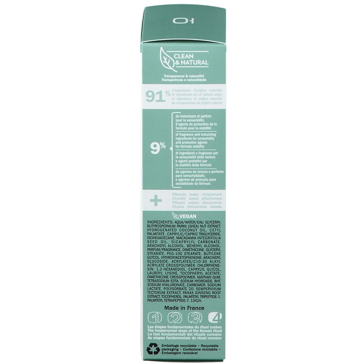 Produktverpackung, Innenseite. Inhaltsstoffliste. Aufschrift: Clean & Natural. Vegan. Hergestellt in Frankreich.