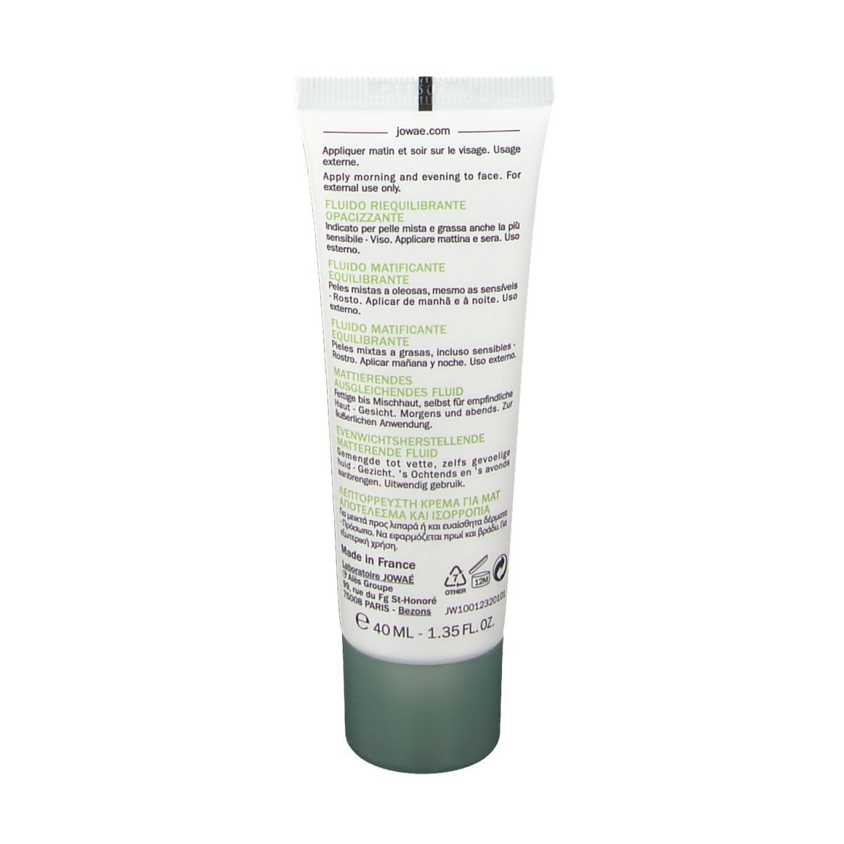 Dos du tube. Texte multilingue, dont le français. Volume : 40 ml.