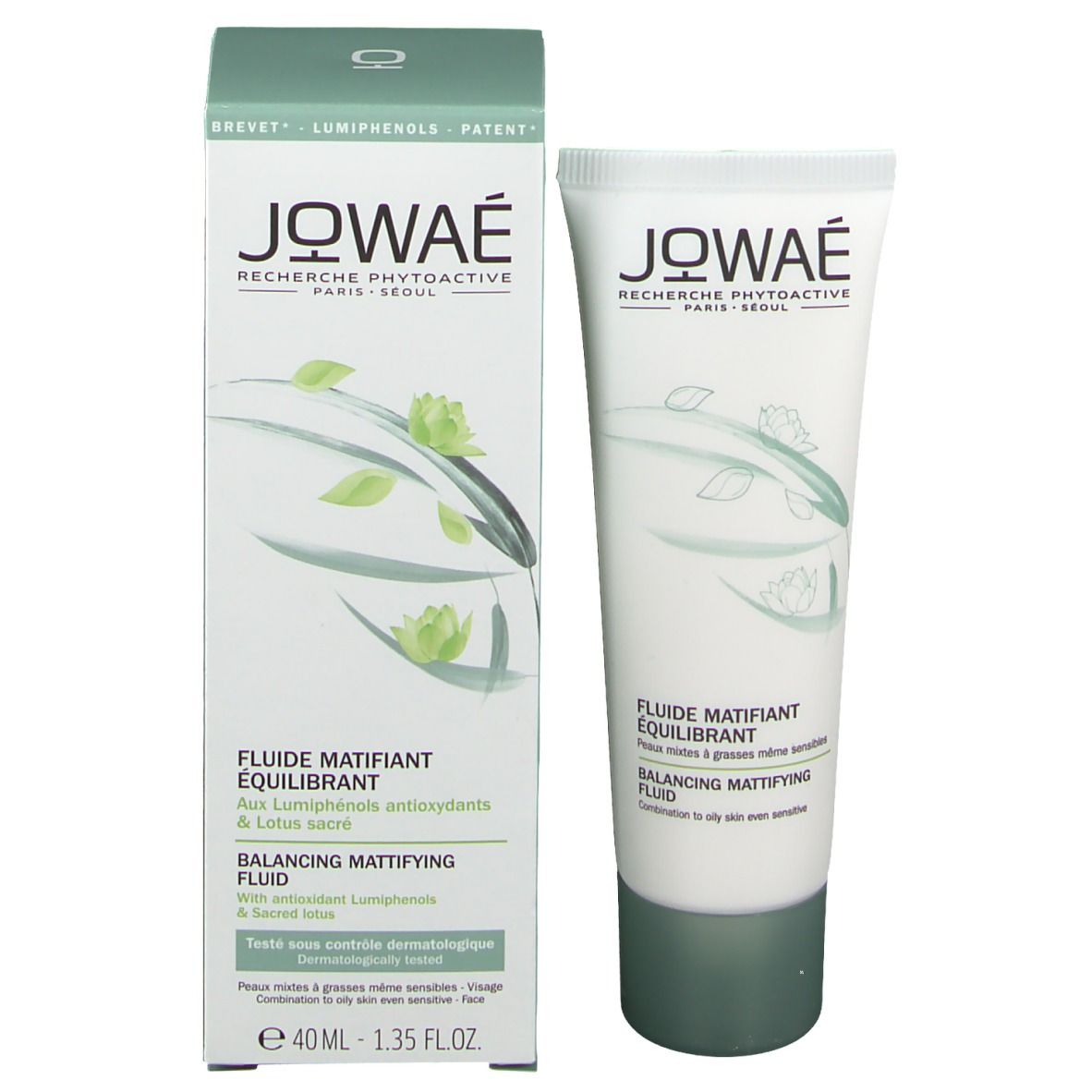 Emballage du produit avec tube. Logo JOWAE, nom du produit, touches de vert. 40 ml.