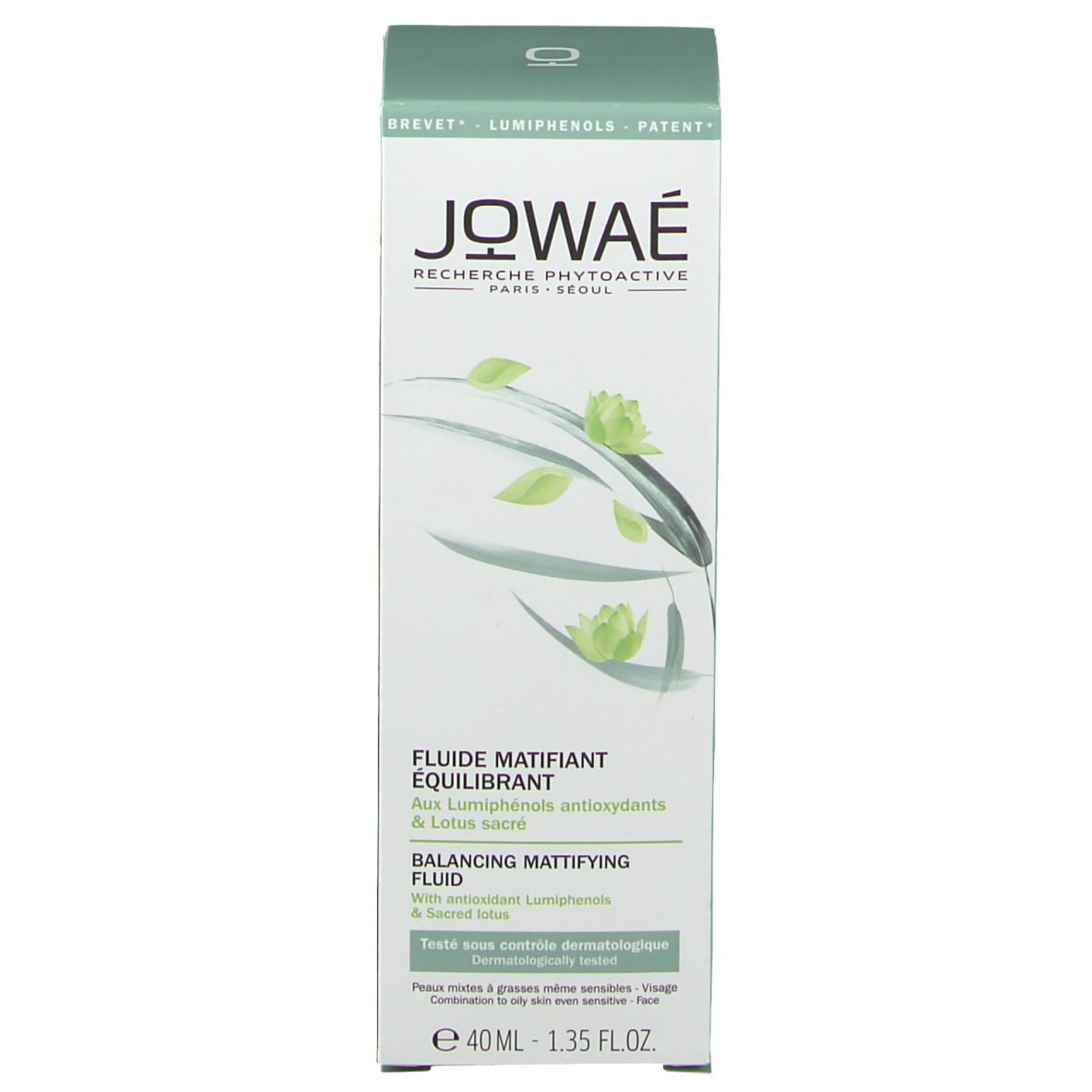 Emballage du produit, vert et blanc. Logo JOWAE, nom du produit, texte. 40 ml.