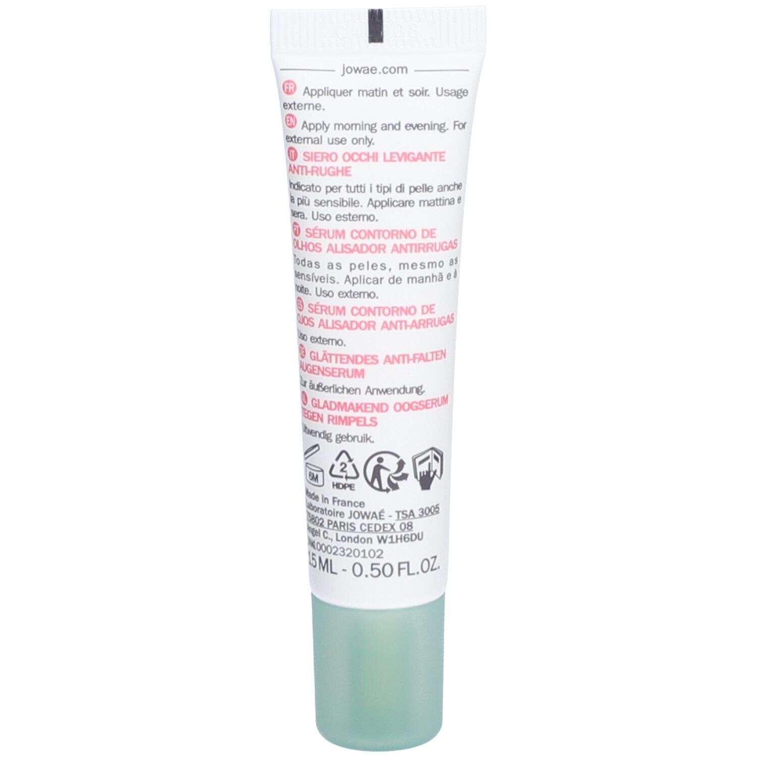Dos du tube avec informations produit en plusieurs langues. Bouchon vert, fond blanc.