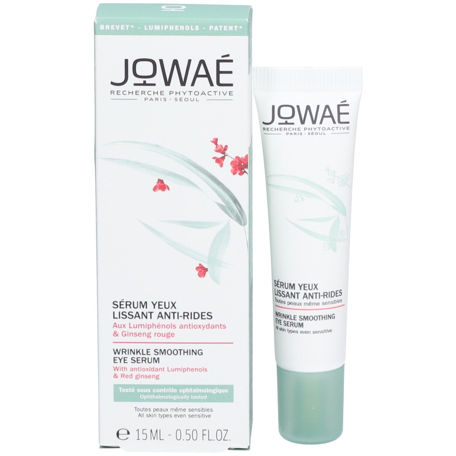 Emballage et tube. Emballage: blanc, vert, nom et logo. Tube: blanc, vert, nom du produit.