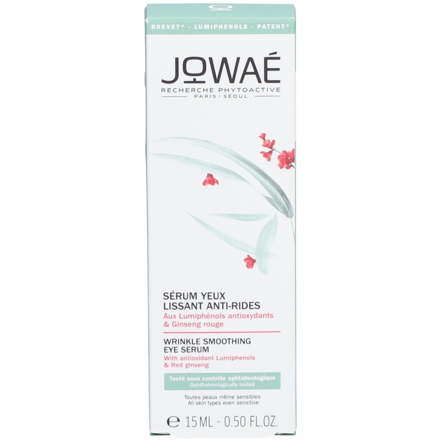 Emballage du produit, blanc et vert. Inscription: Jowaé, Sérum Yeux Lissant Anti-Rides, Wrinkle Smoothing Eye Serum.