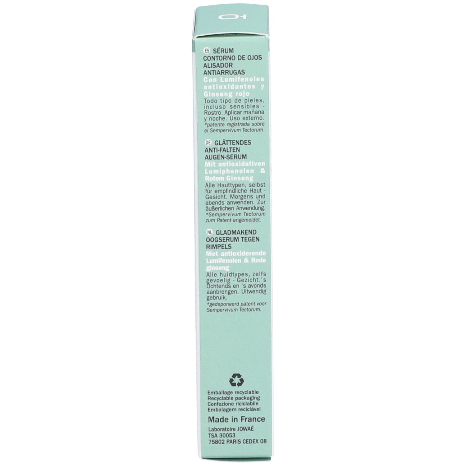 Vue latérale de l'emballage du produit. Texte en plusieurs langues. Fond vert, texte blanc.
