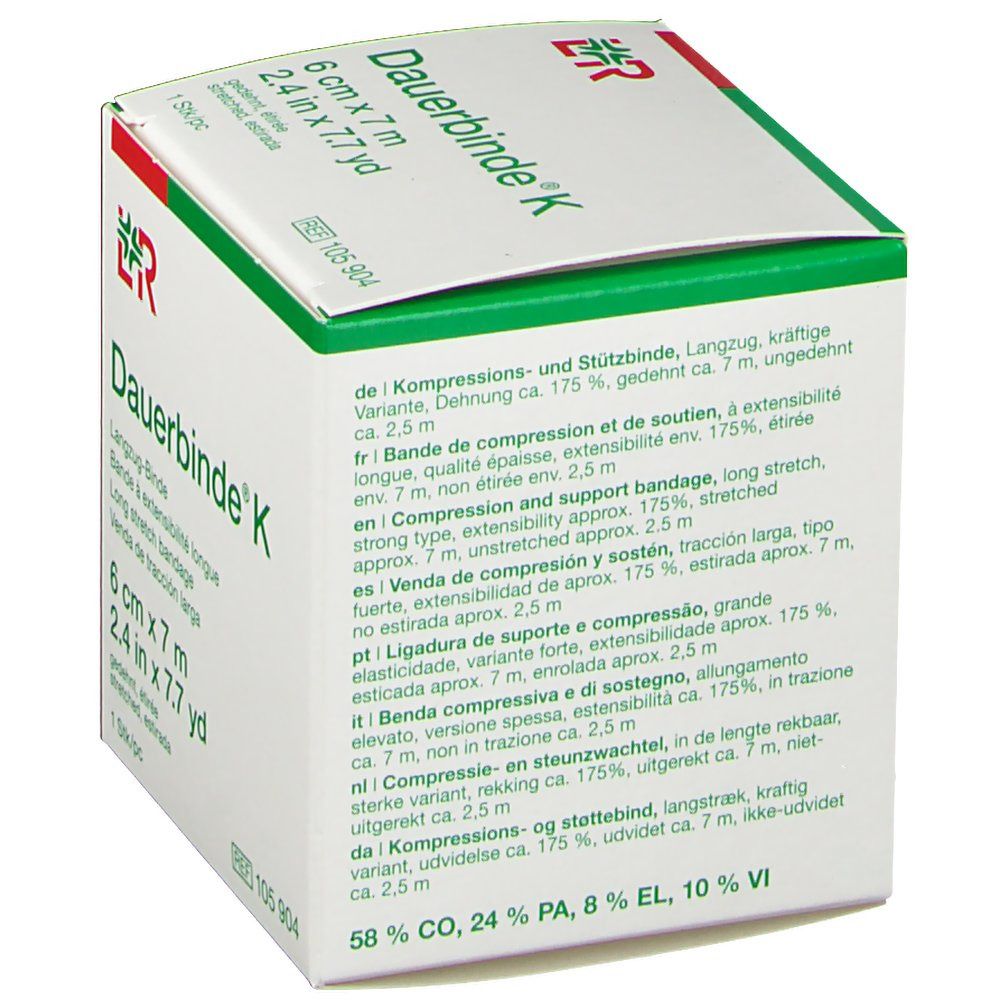 Dos de la boîte de Dauerbinde® K. Texte multilingue, dimensions, composition du matériau.