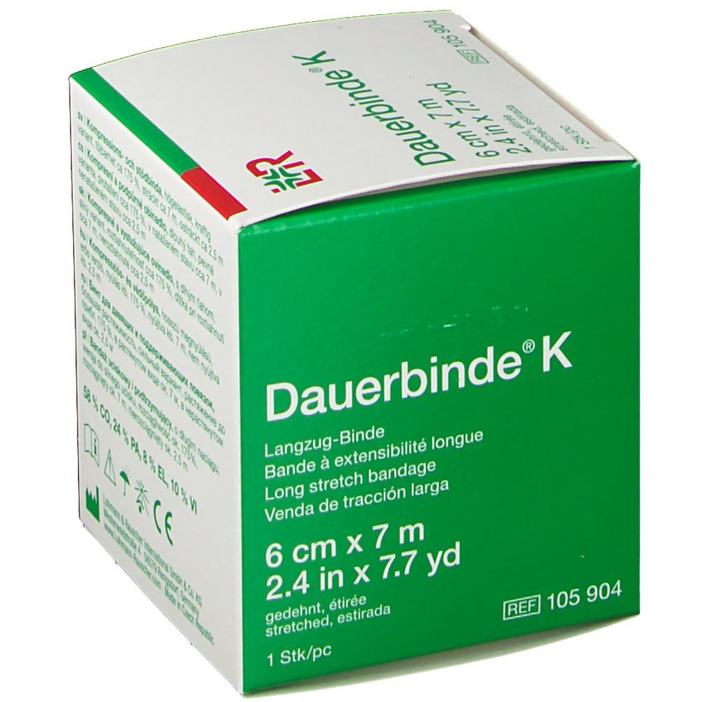 Boîte de Dauerbinde® K. Emballage vert et blanc avec nom du produit et dimensions : 6 cm x 7 m. Contient 1 pièce.