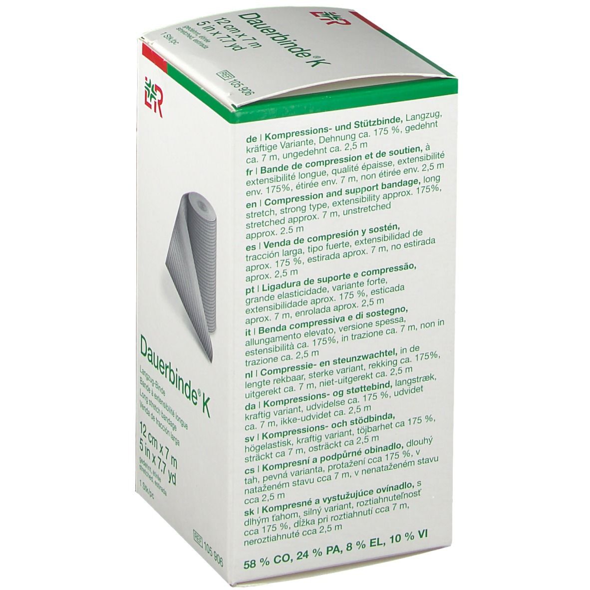 Rückseite der Dauerbinde® K Verpackung mit mehrsprachigen Produktinformationen.
