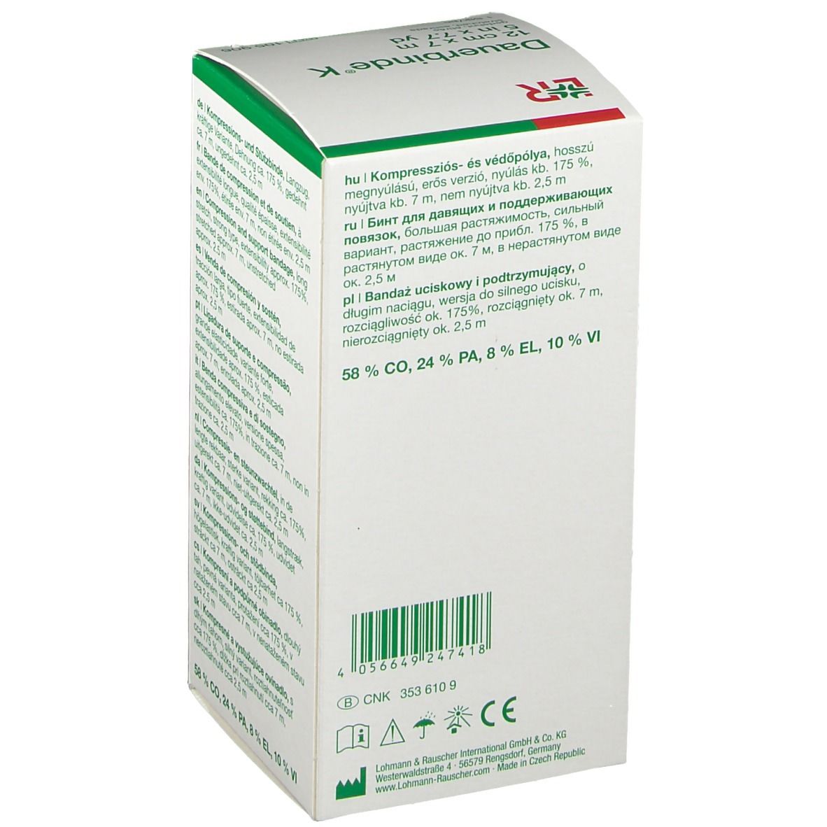 Seitenansicht der Dauerbinde® K Verpackung mit Barcode und CE-Kennzeichnung.
