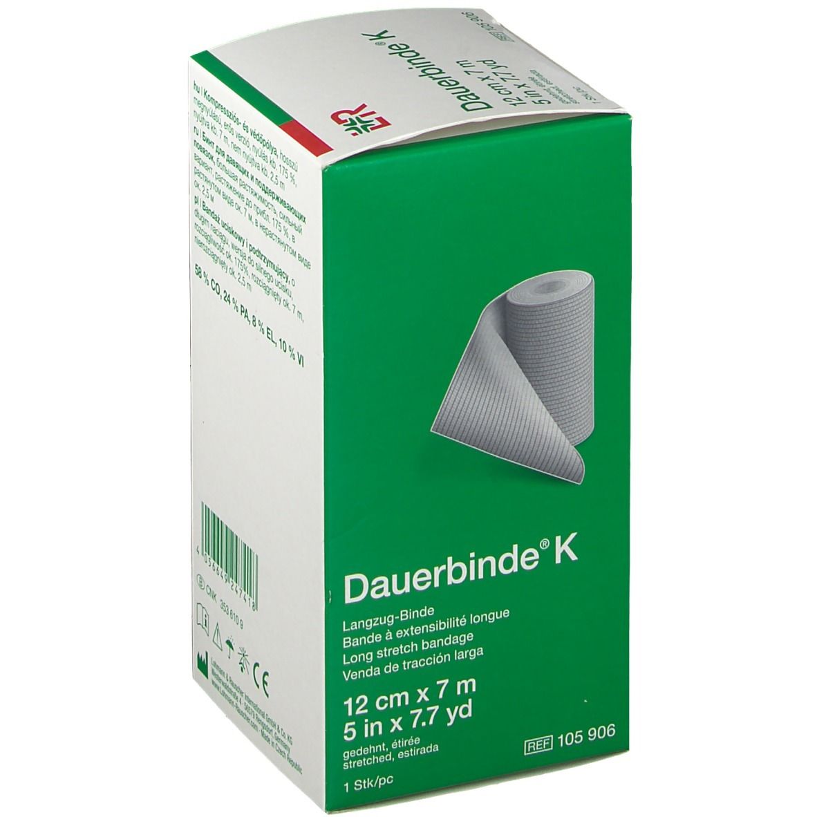 Vorderseite der Dauerbinde® K Verpackung, zeigt eine graue Binde.