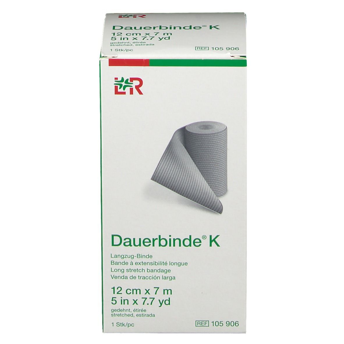 Verpackung Dauerbinde® K, Langzug-Binde, 12 cm x 7 m, mit Produktabbildung.