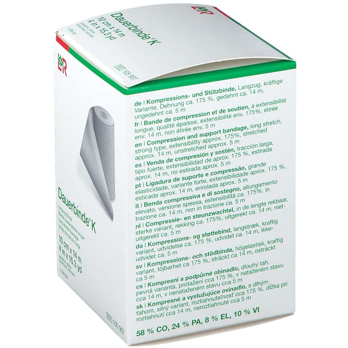 Rückseite der Dauerbinde® K Verpackung. Text in mehreren Sprachen. Angaben zur Kompression und Dehnung.