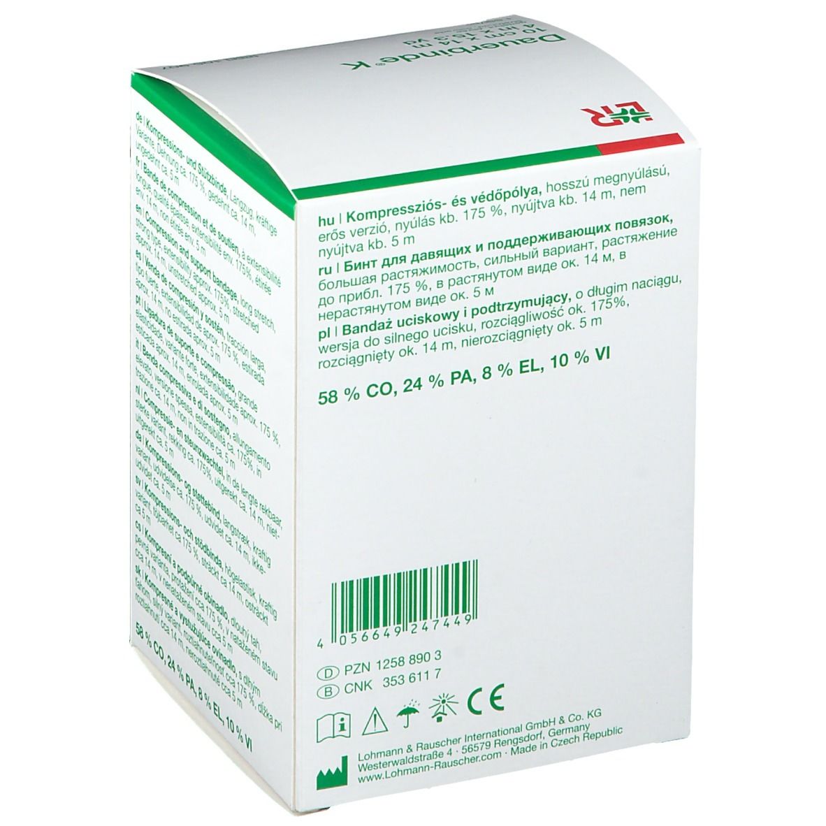 Rückseite der Verpackung von Dauerbinde® K. Barcode, CE-Zeichen und Herstellerinformationen.
