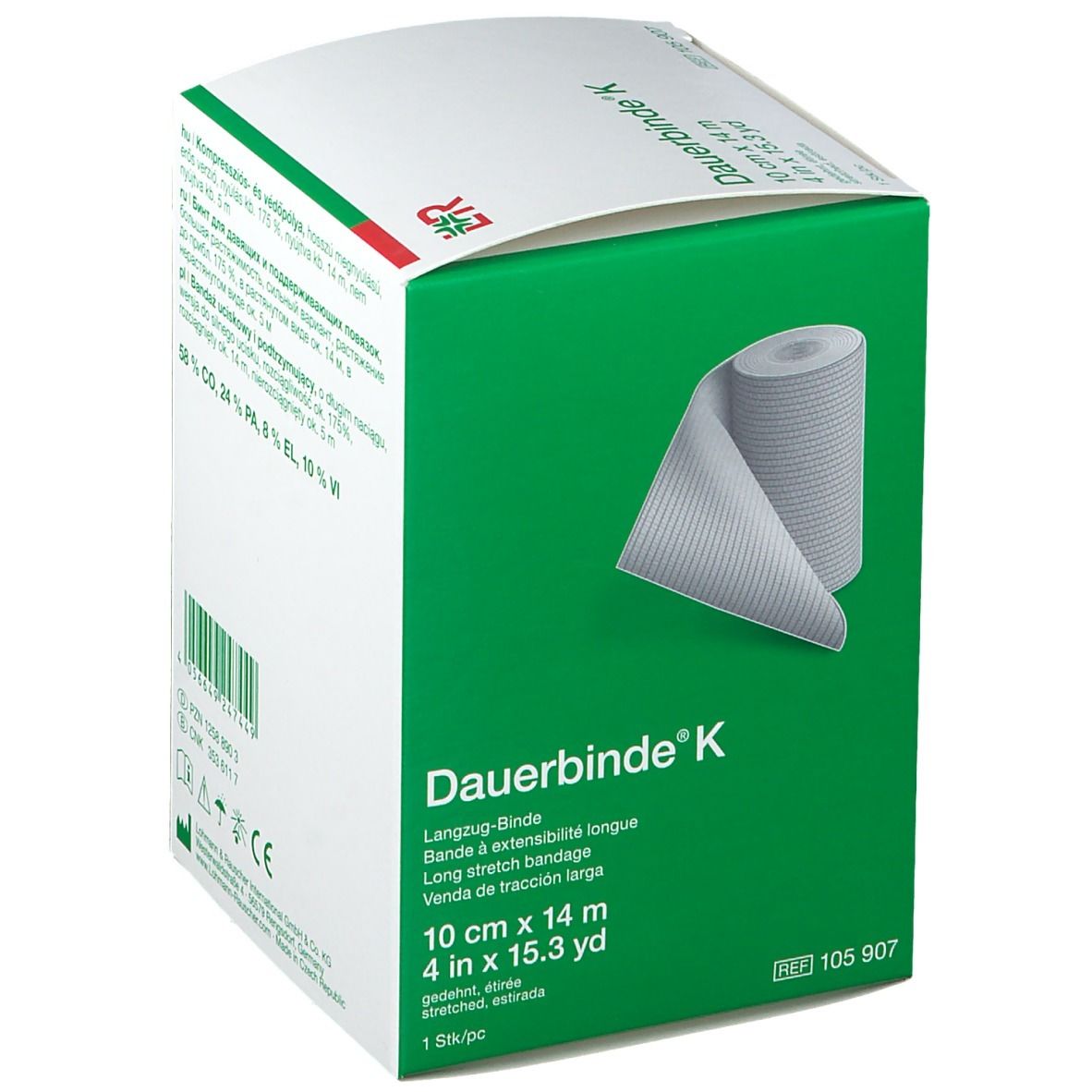 Dauerbinde® K Verpackung. 10 cm x 14 m. Grün-weiße Box mit Produktabbildung und Text. Langzug-Binde.
