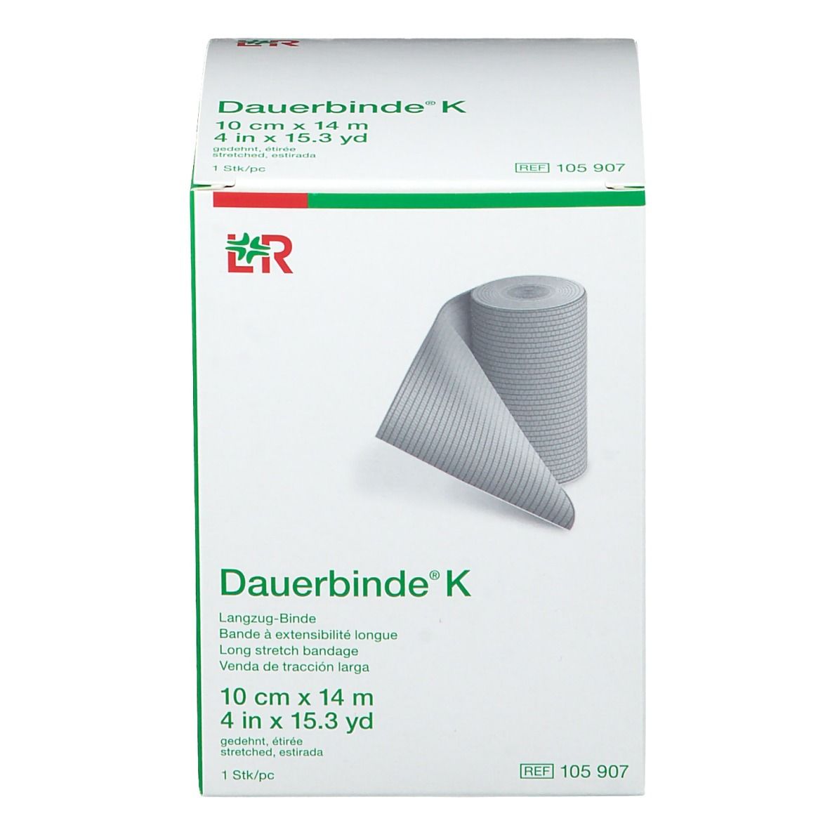 Dauerbinde® K Verpackung. 10 cm x 14 m. Grün-weiße Box mit Produktabbildung und Text. Langzug-Binde.