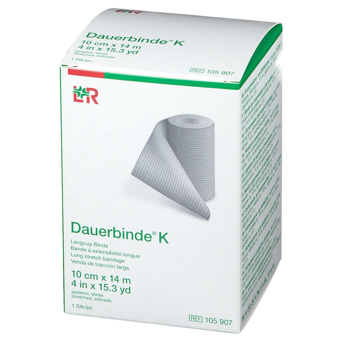Dauerbinde® K Verpackung. 10 cm x 14 m. Grün-weiße Box mit Produktabbildung und Text. Langzug-Binde.