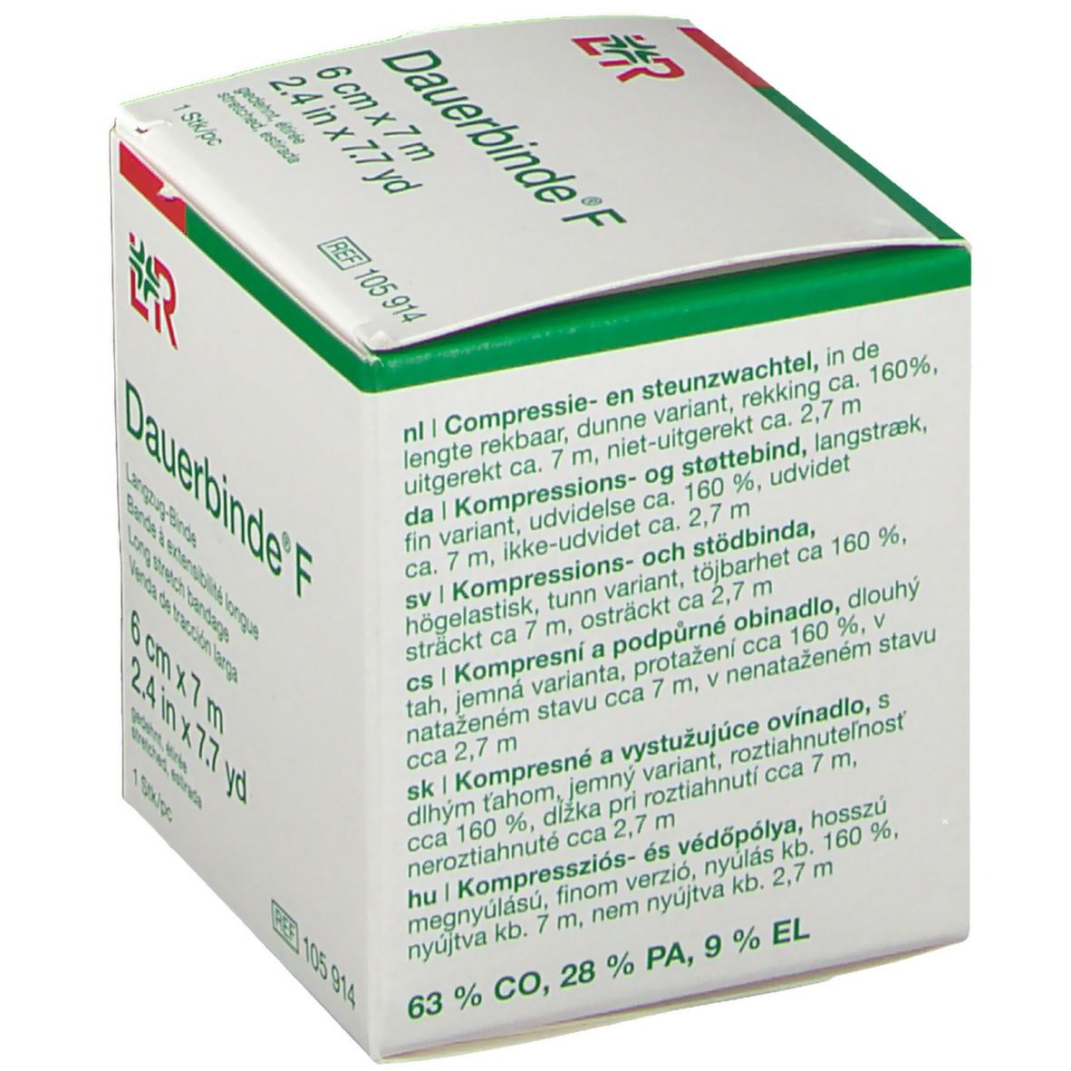 Emballage Dauerbinde® F, 6 cm x 7 m. Texte multilingue. Boîte verte et blanche.