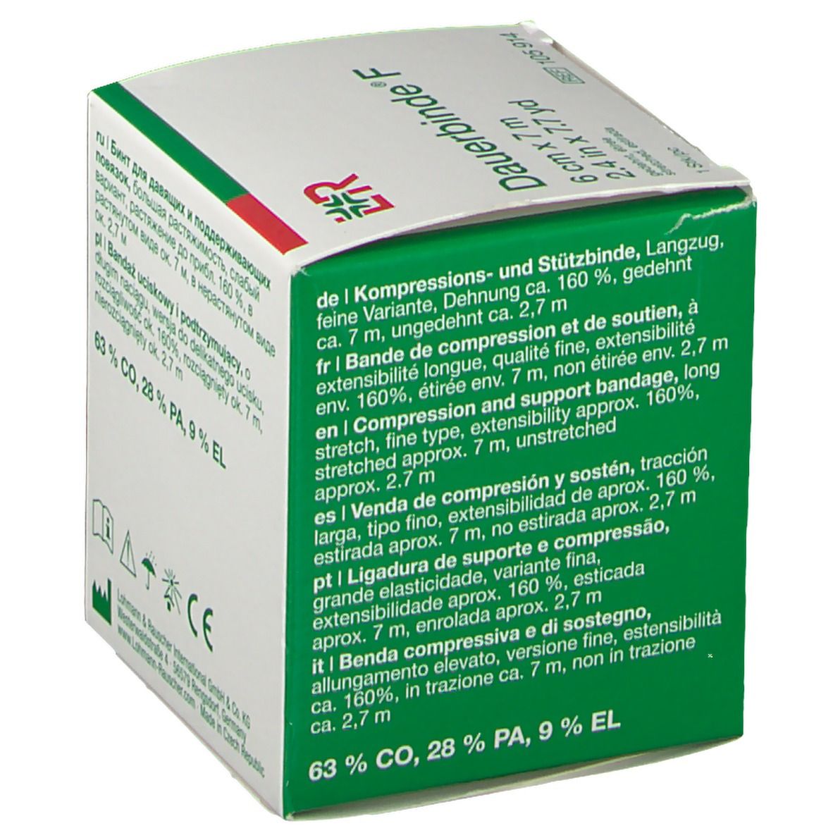 Emballage Dauerbinde® F, 6 cm x 7 m. Vue latérale avec texte. Boîte verte et blanche.
