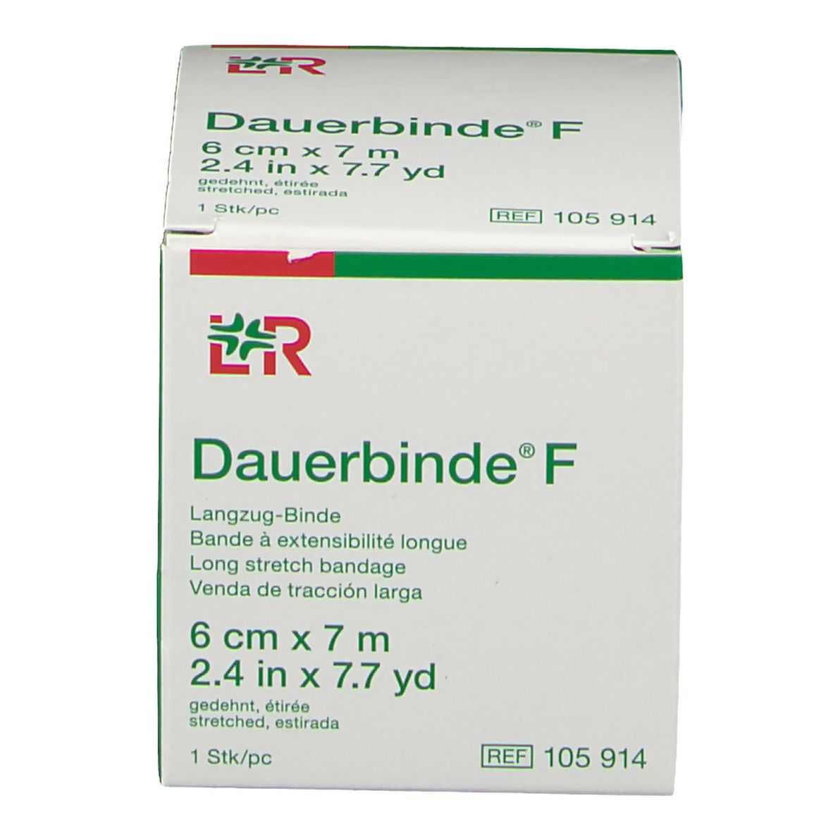 Emballage Dauerbinde® F, 6 cm x 7 m. Face avant avec nom et informations. Boîte verte et blanche.