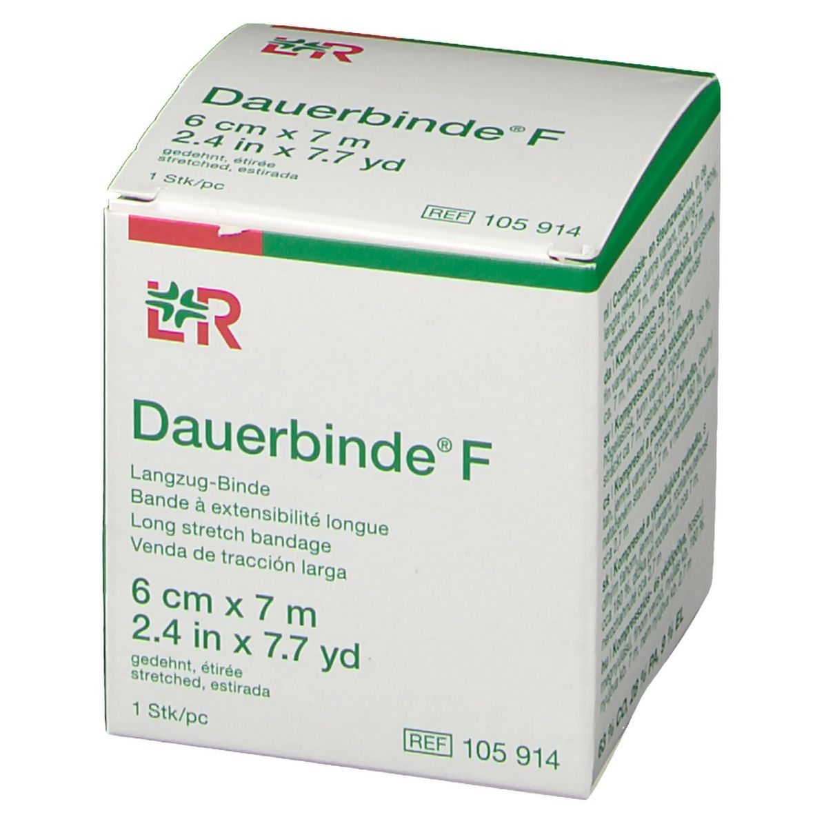 Emballage Dauerbinde® F, 6 cm x 7 m. Boîte avec nom et informations. Boîte verte et blanche.