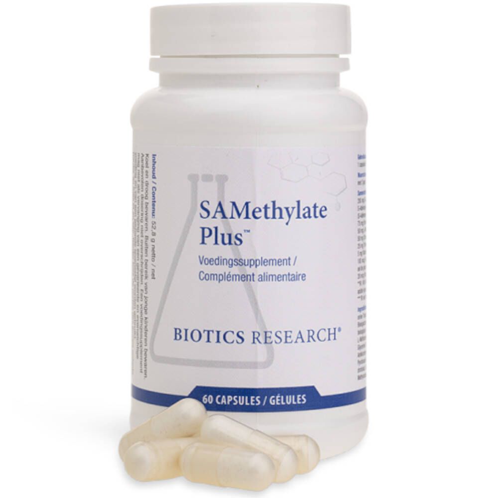 Flacon blanc de gélules. Inscription: SAMethylate Plus, Biotics Research. 60 gélules. Quelques gélules à côté.