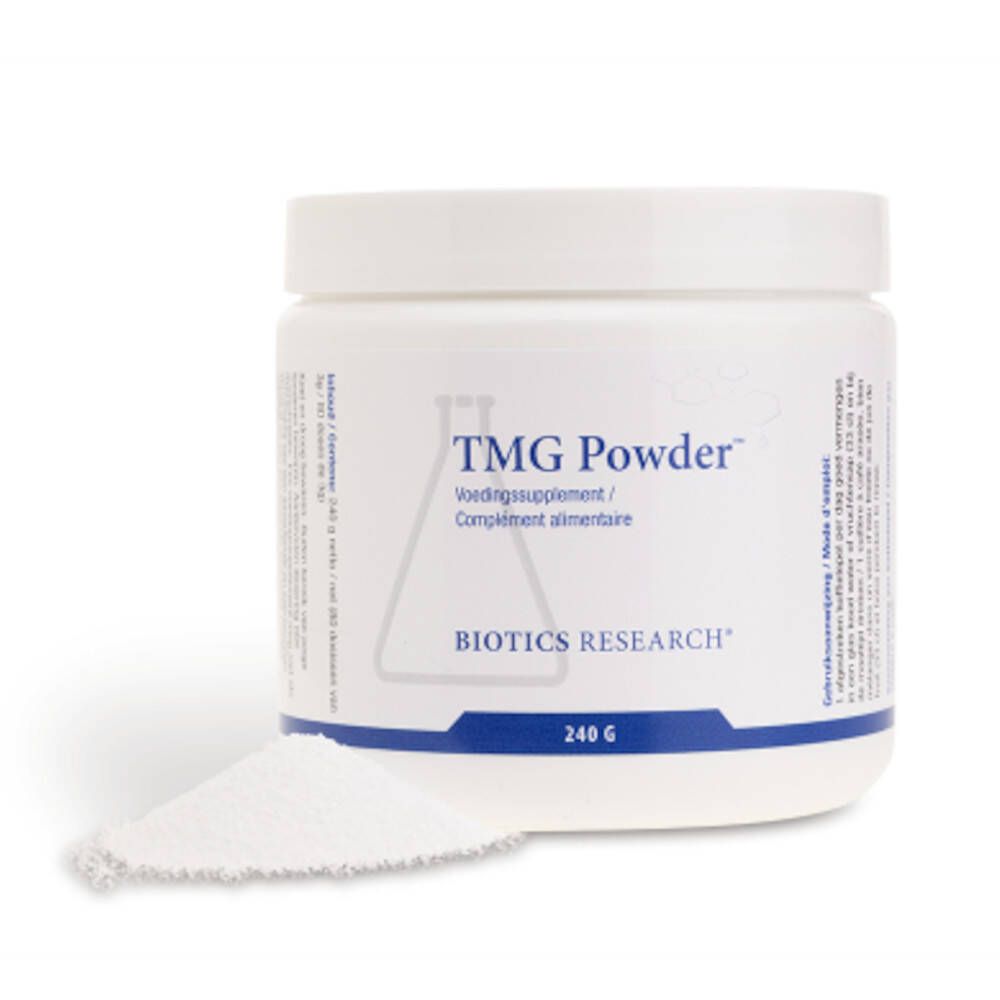 Weiße Dose "TMG Powder" und Pulver daneben. "BIOTICS RESEARCH"-Logo und 240g.