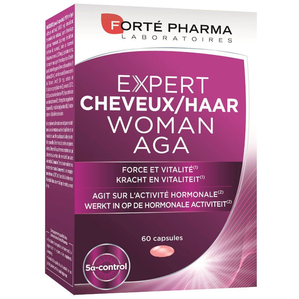 Boîte FORTÈ PHARMA Haar Woman AGA. 60 capsules. Violet et blanc. Marque et nom du produit visibles.